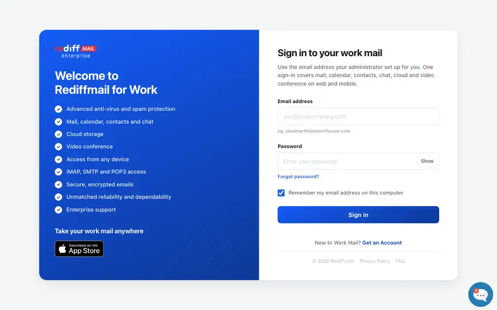 Rediffmail Pro website homepage screenshot