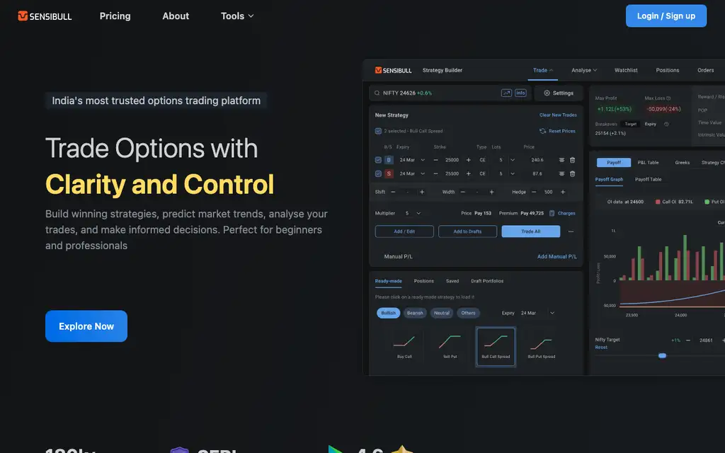 Sensibull website homepage screenshot
