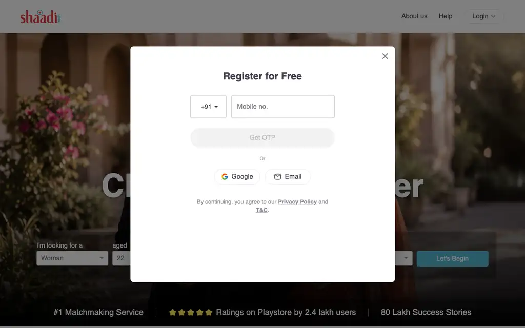Shaadi.com website homepage screenshot