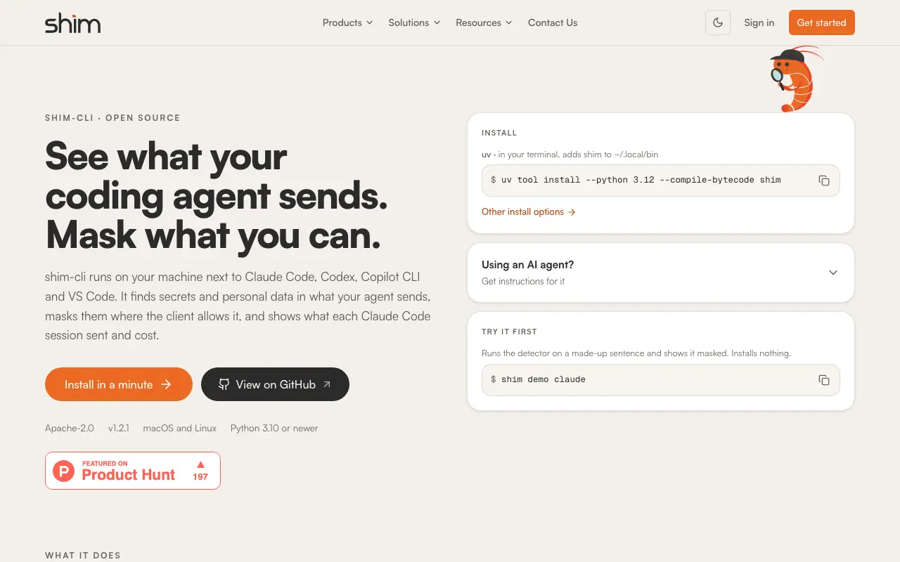 shim-cli homepage — official getshim.tech website screenshot