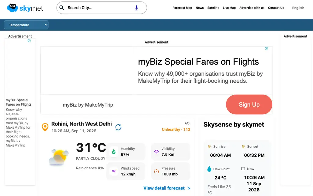 Skymet Weather website homepage screenshot