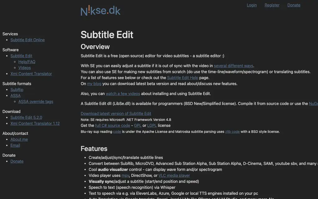 Subtitle Edit website homepage screenshot