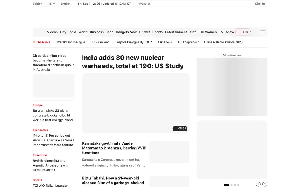 Times of India App website homepage screenshot