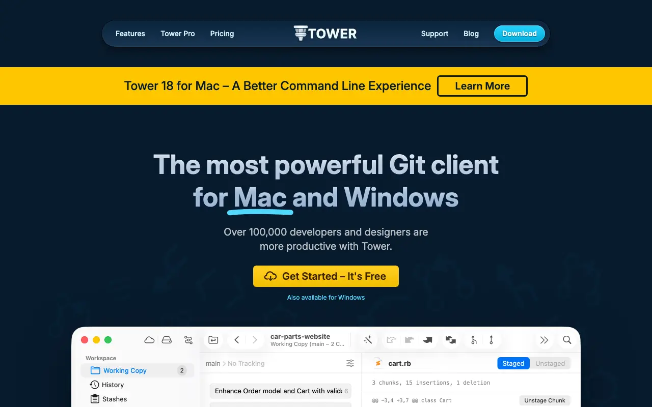 Tower homepage — official git-tower.com website screenshot