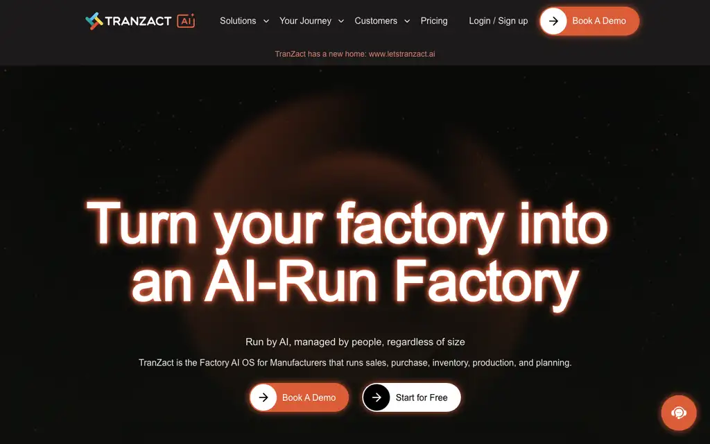 TranZact Inventory website homepage screenshot
