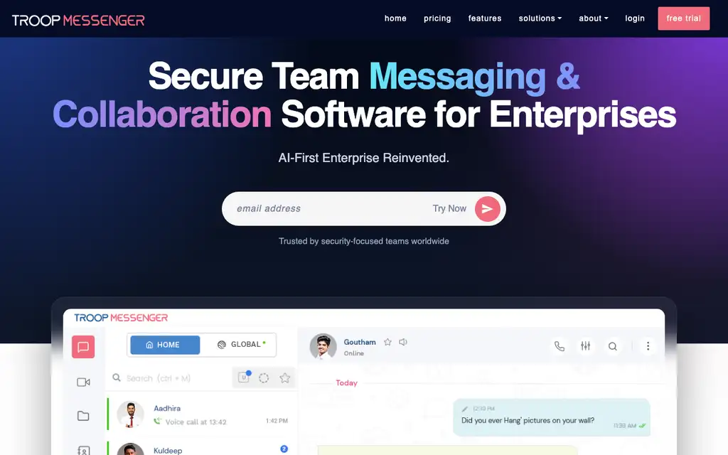 Troop Messenger website homepage screenshot
