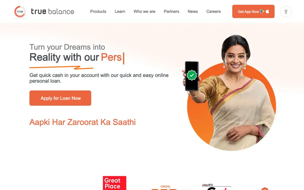 TrueBalance website homepage screenshot