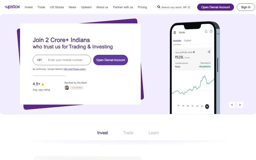 Upstox website homepage screenshot