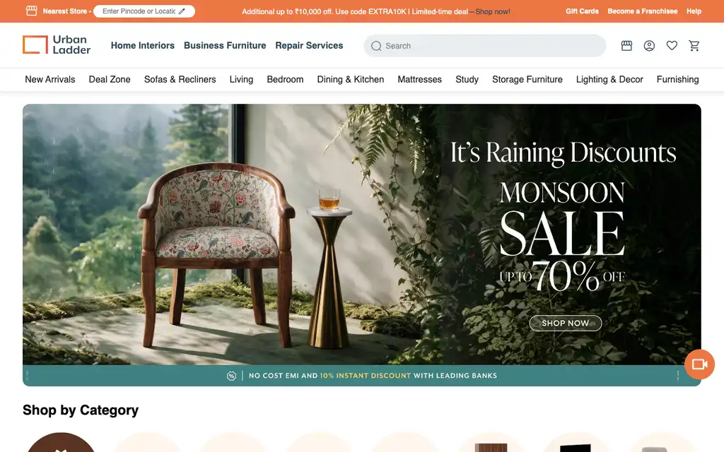 Urban Ladder website homepage screenshot