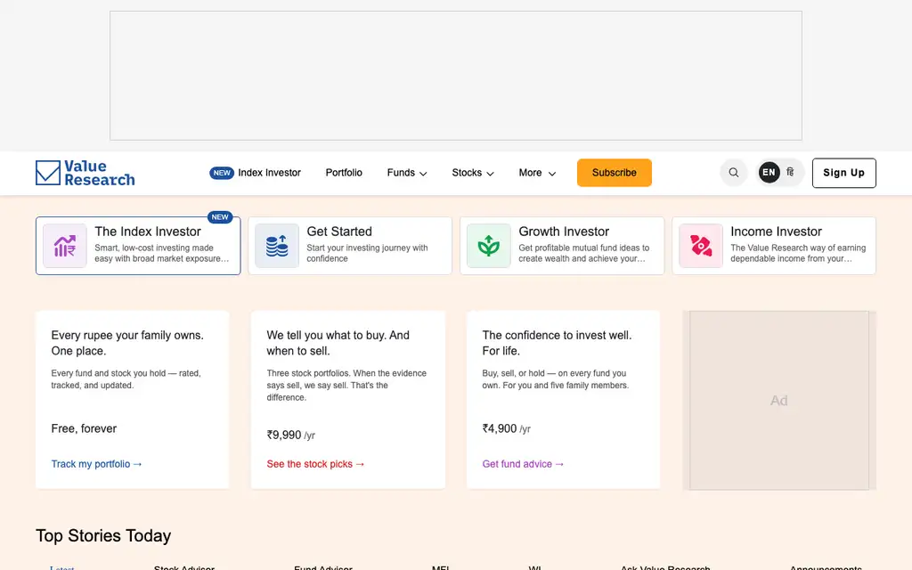 Value Research website homepage screenshot