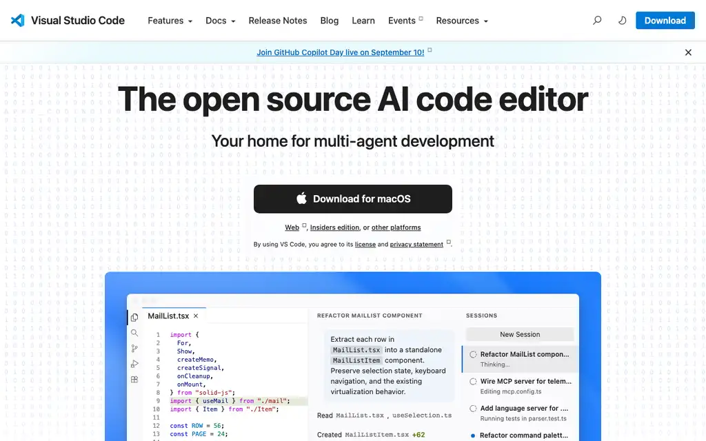 Visual Studio Code website homepage screenshot