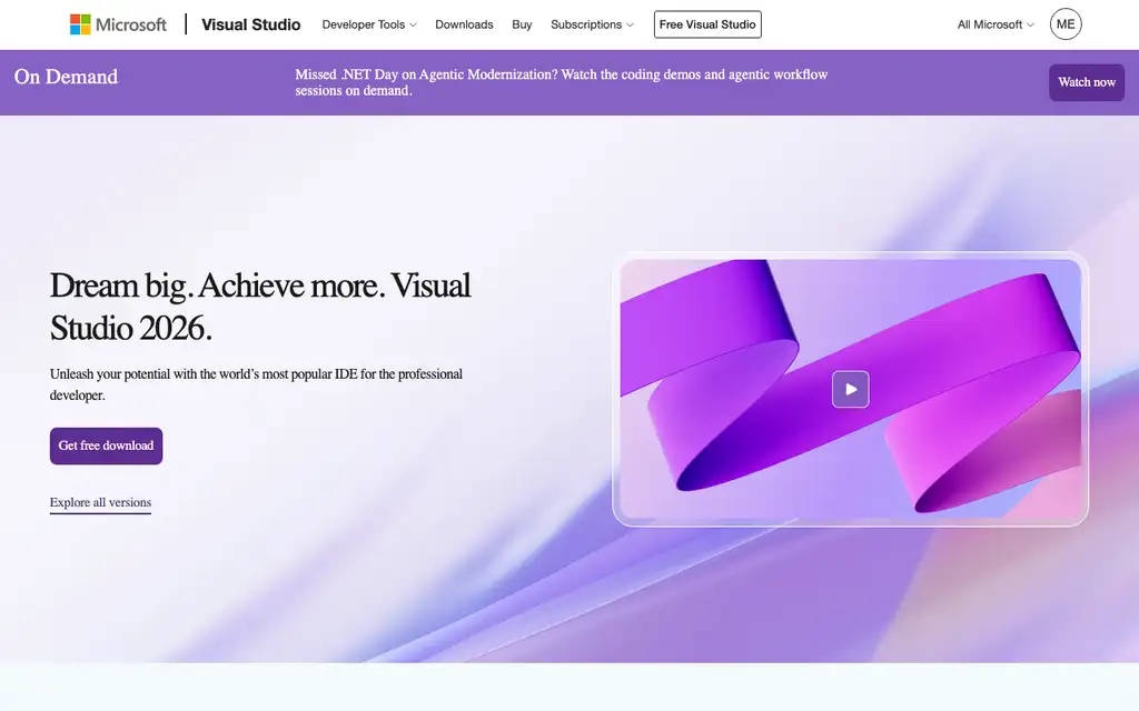 Visual Studio website homepage screenshot