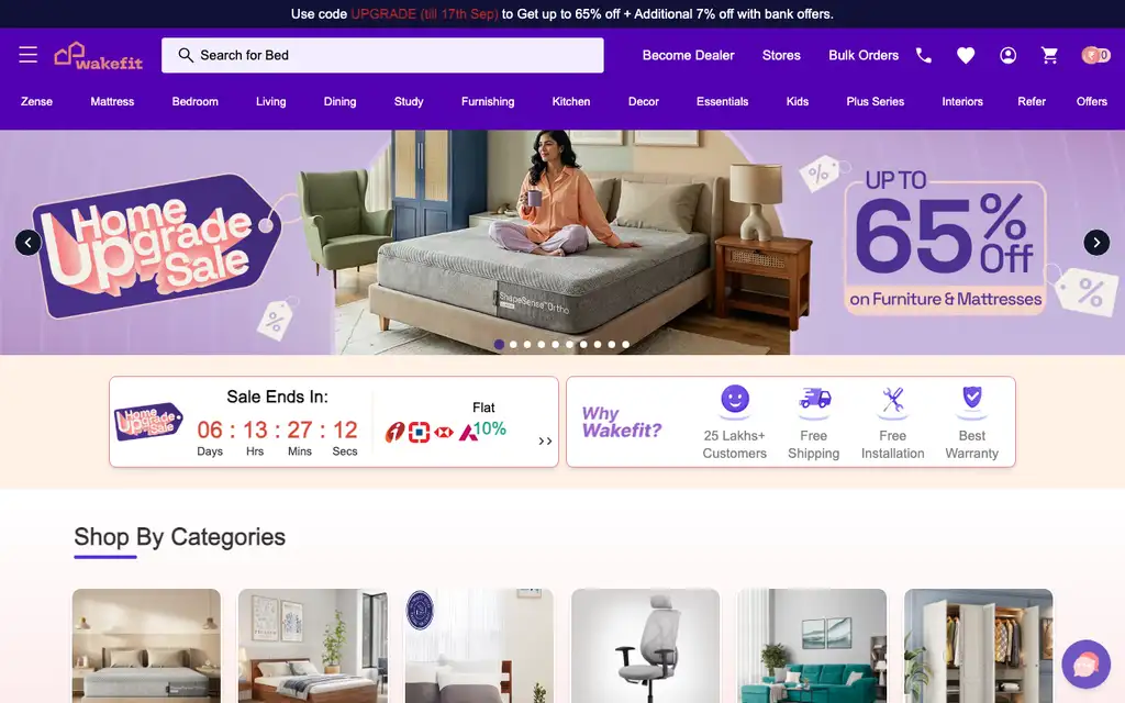 Wakefit website homepage screenshot