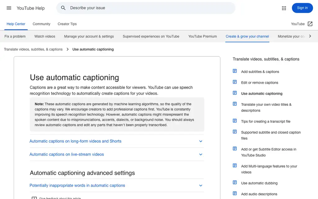 YouTube Auto Captions website homepage screenshot