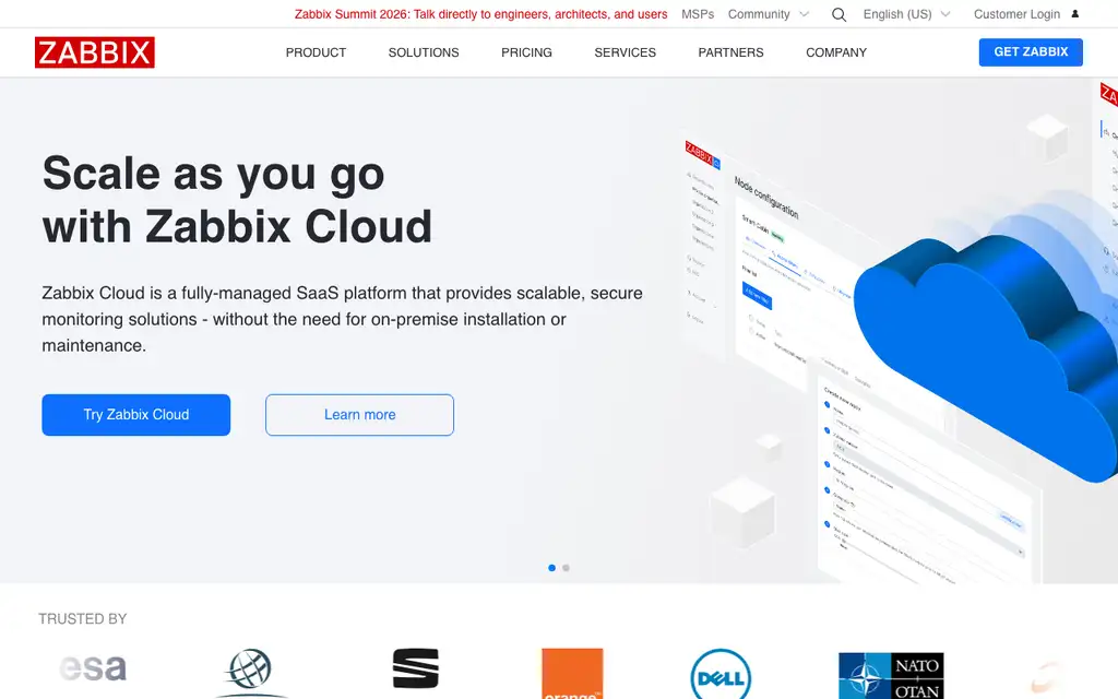 Zabbix website homepage screenshot