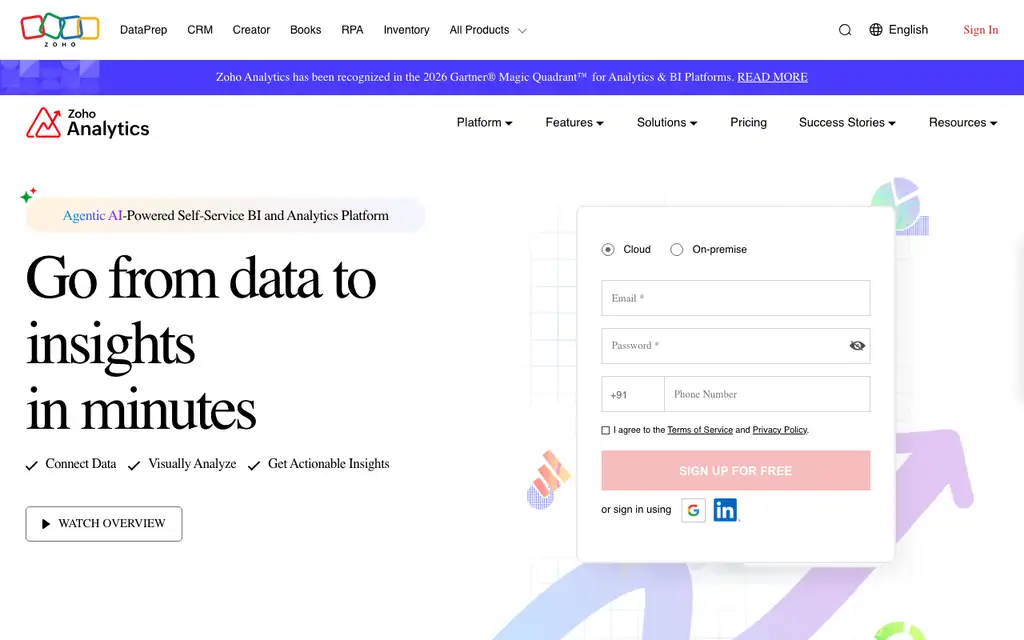 Zoho Analytics website homepage screenshot