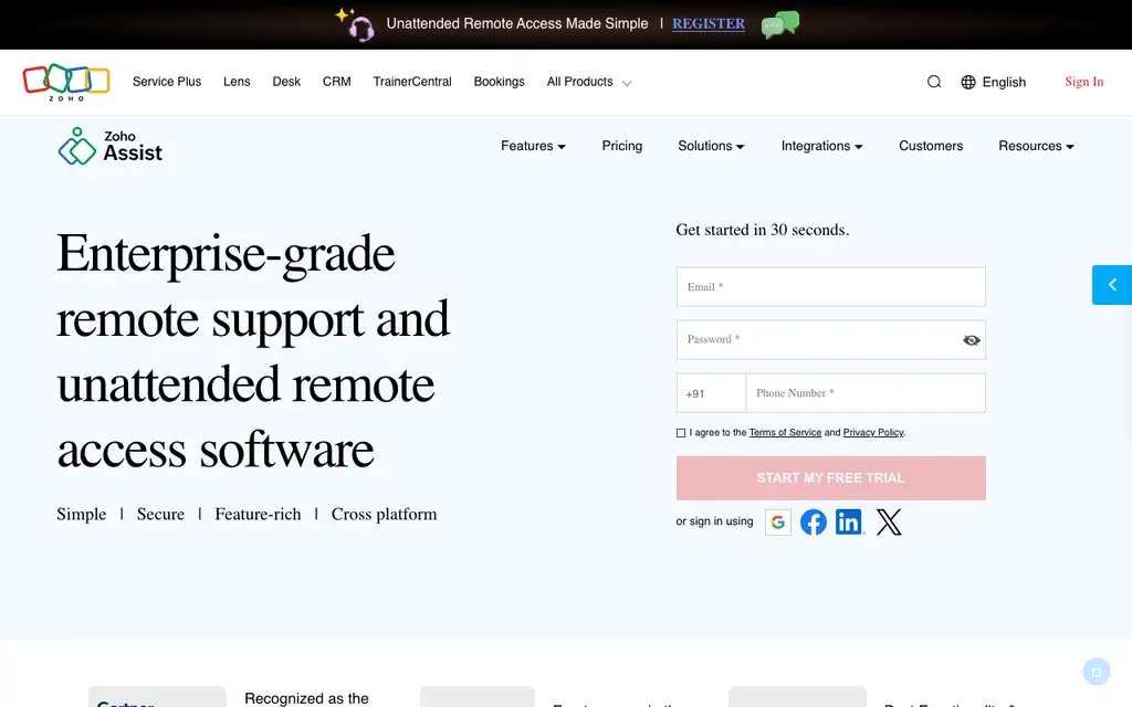Zoho Assist website homepage screenshot