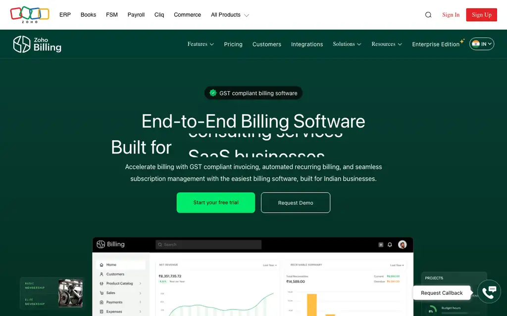 Zoho Billing website homepage screenshot