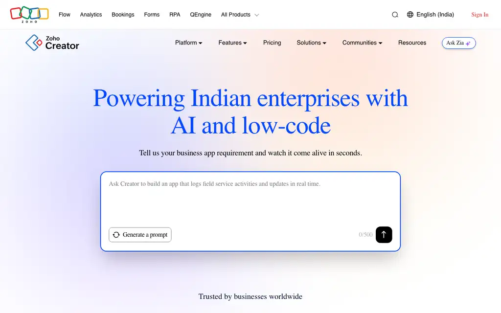 Zoho Creator Procurement website homepage screenshot