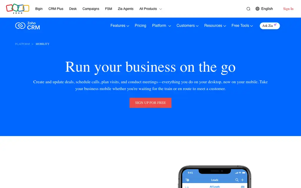 Zoho CRM Mobile website homepage screenshot