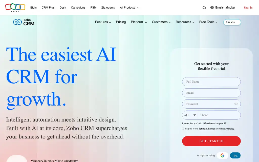 Zoho CRM website homepage screenshot