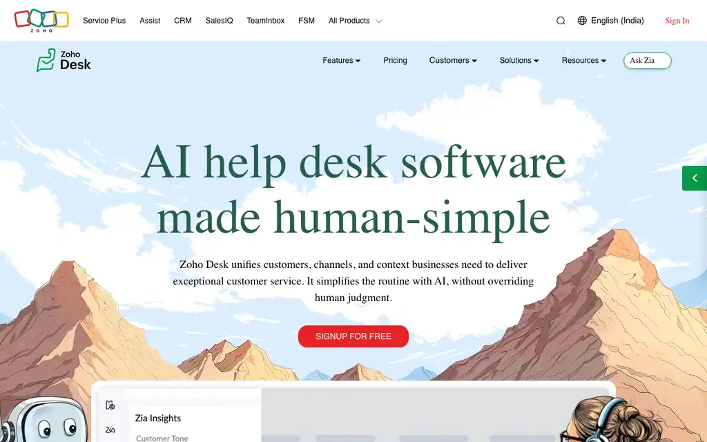 Zoho Desk website homepage screenshot