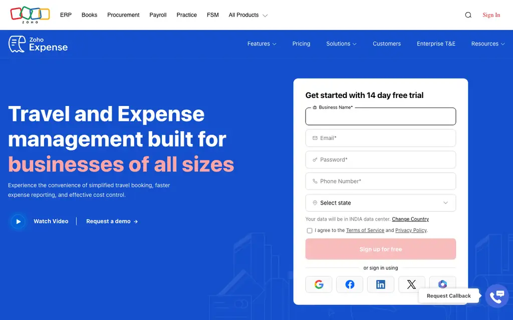 Zoho Expense India Edition website homepage screenshot