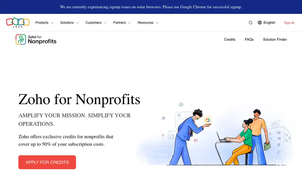 Zoho for Nonprofits website homepage screenshot