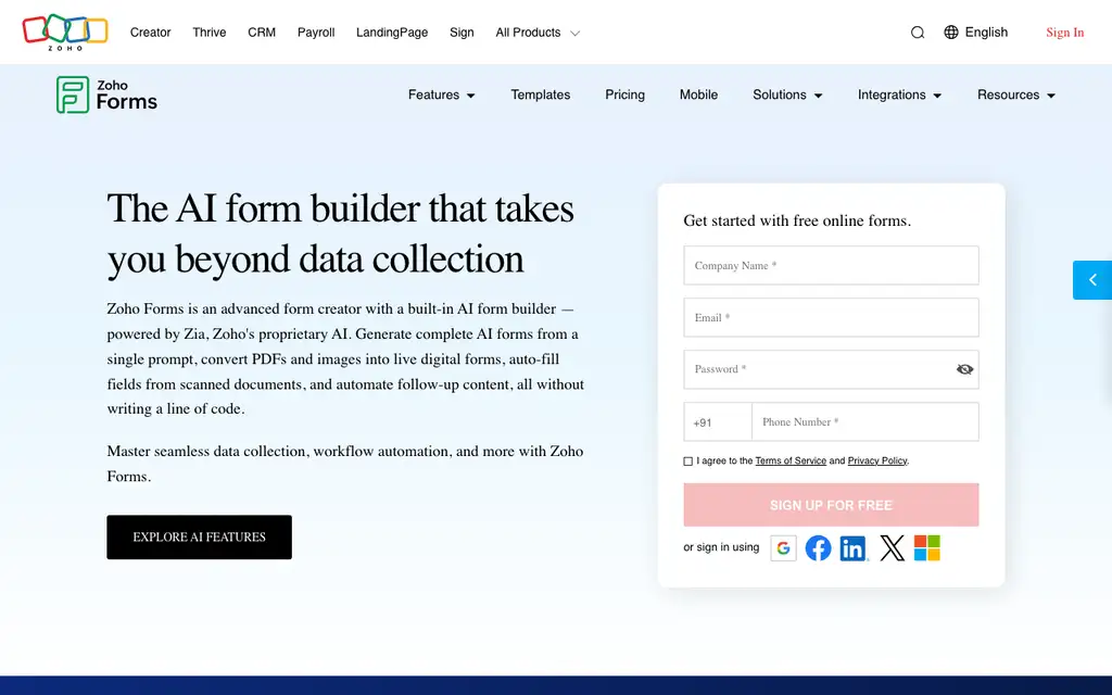 Zoho Forms website homepage screenshot