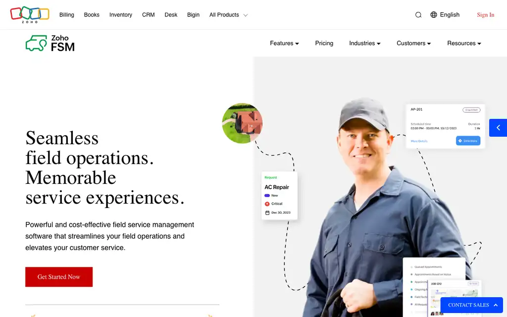 Zoho FSM website homepage screenshot