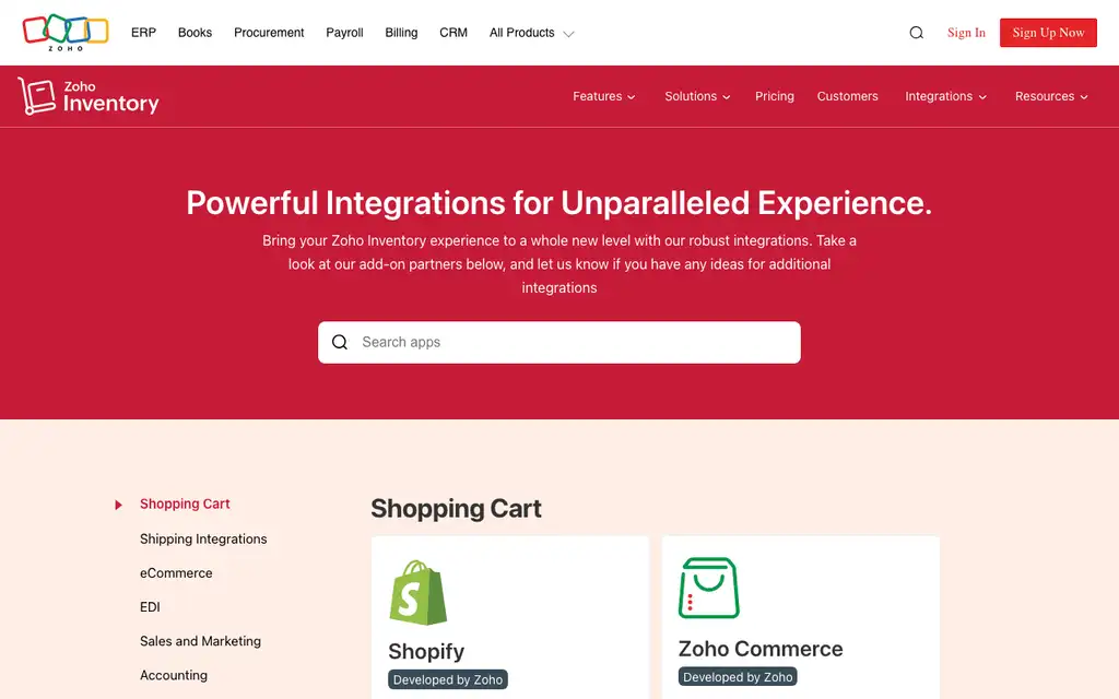 Zoho Inventory for Amazon website homepage screenshot