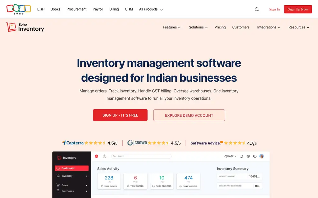 Zoho Inventory website homepage screenshot