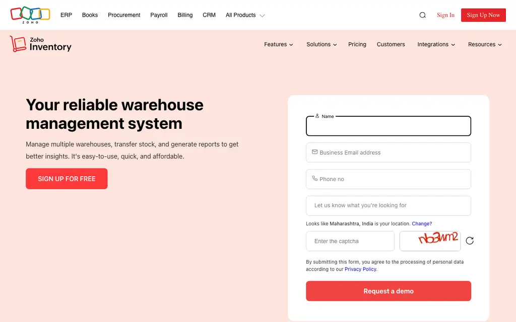 Zoho Inventory Warehouse website homepage screenshot