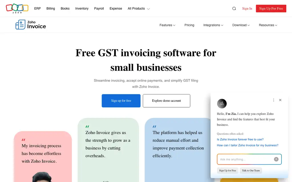 Zoho Invoice website homepage screenshot
