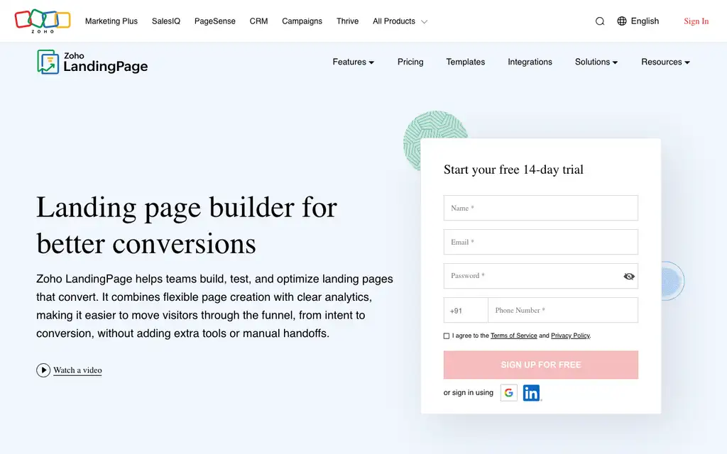 Zoho LandingPage website homepage screenshot
