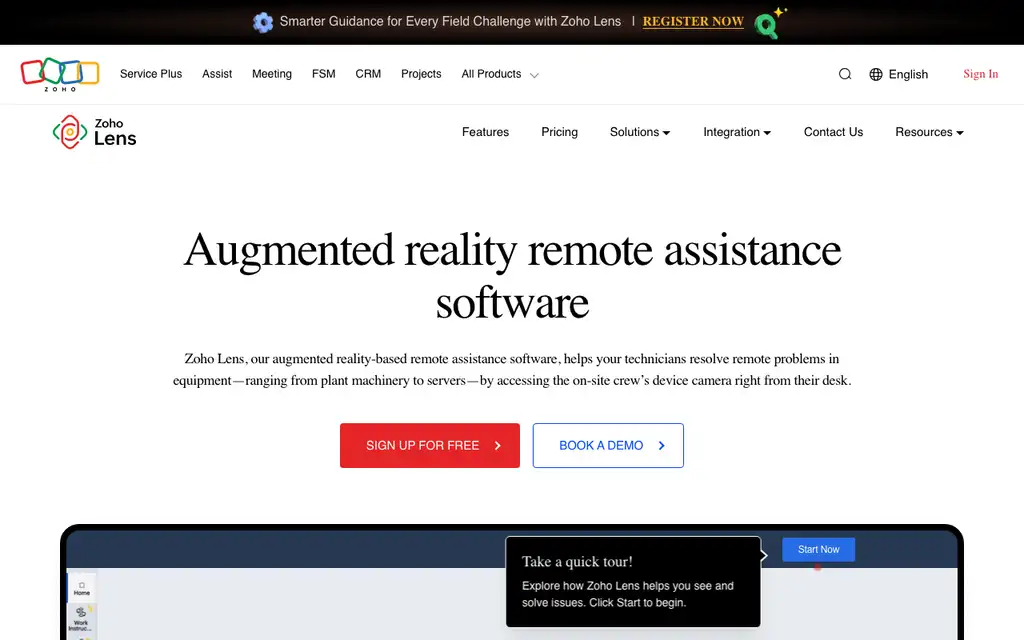 Zoho Lens website homepage screenshot
