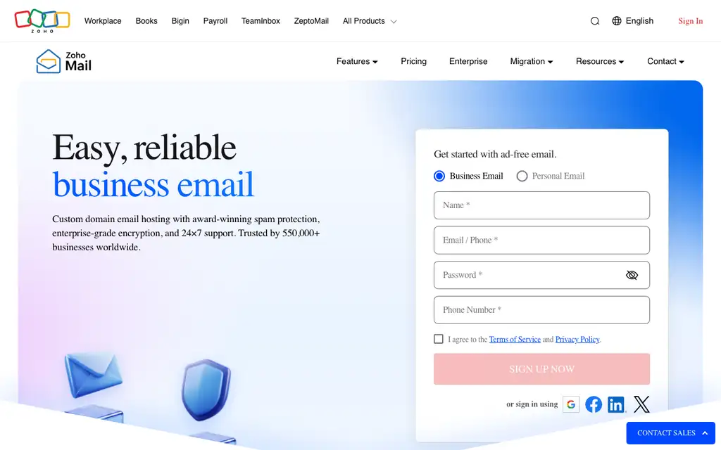 Zoho Mail website homepage screenshot