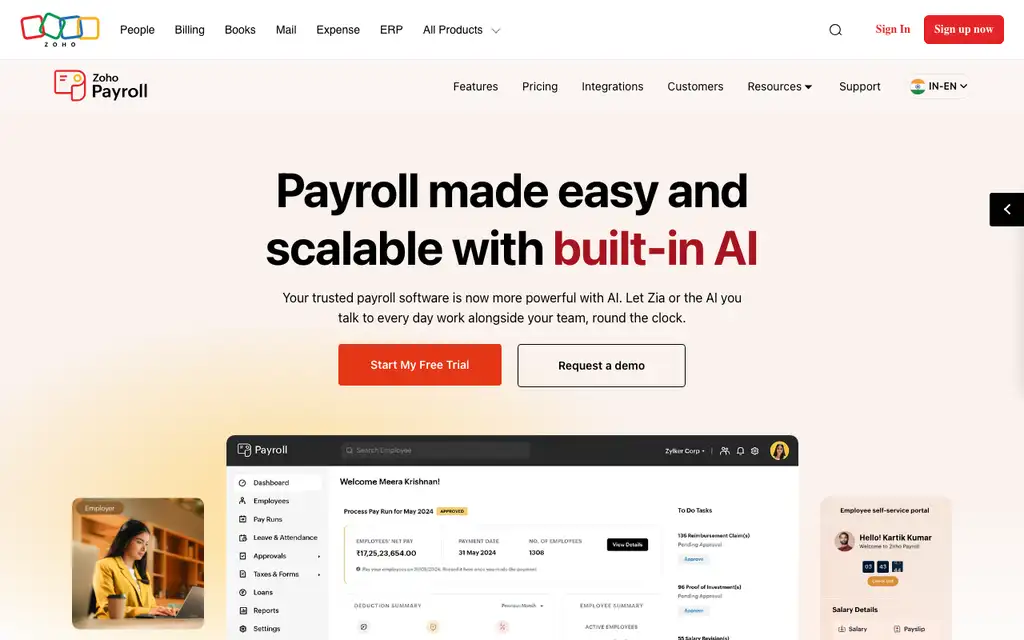 Zoho Payroll website homepage screenshot