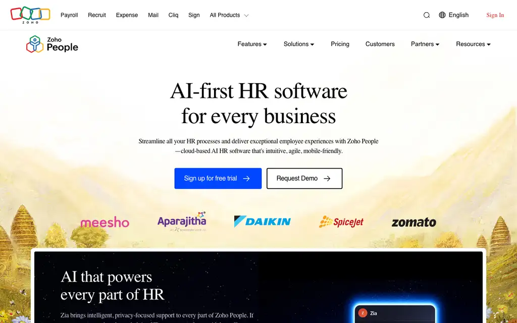 Zoho People website homepage screenshot