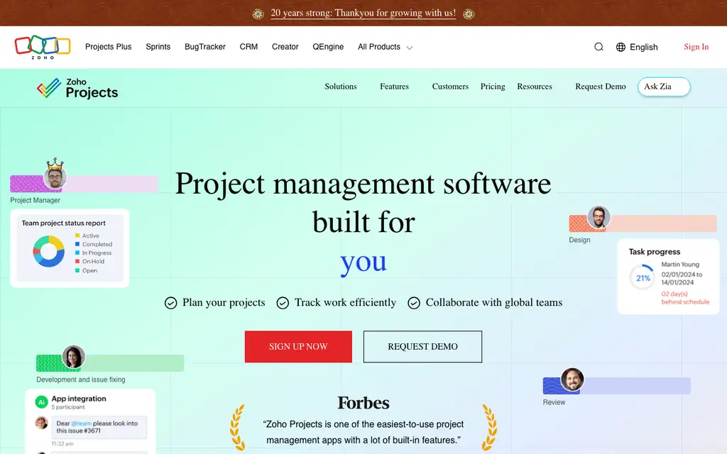 Zoho Projects website homepage screenshot
