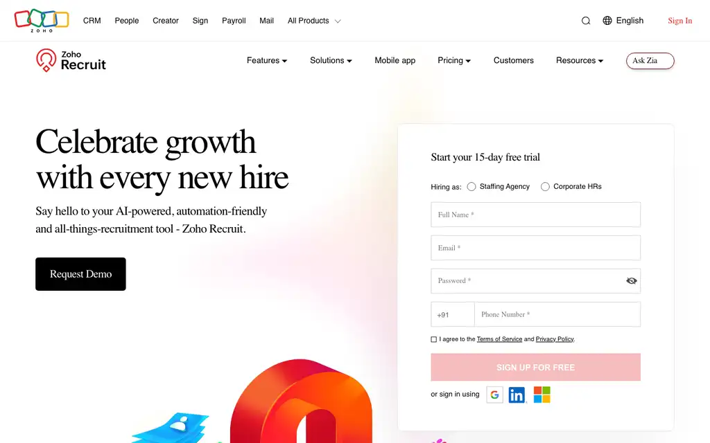 Zoho Recruit website homepage screenshot