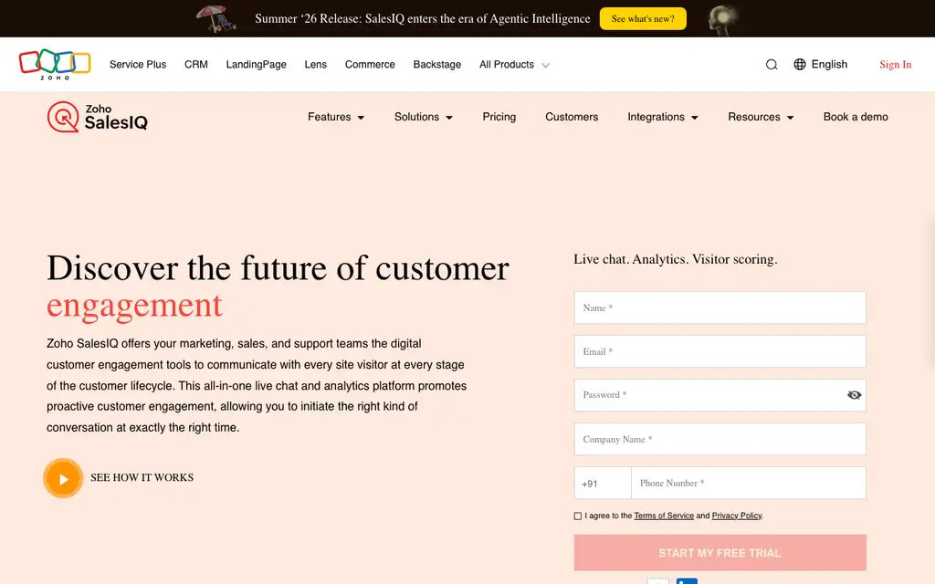 Zoho SalesIQ website homepage screenshot