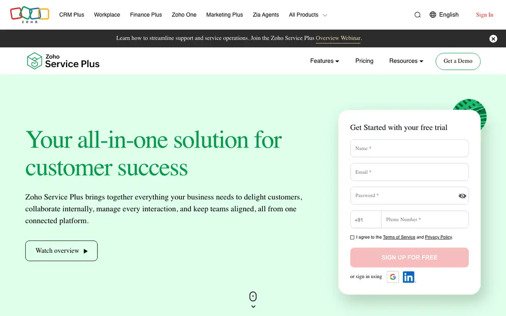 Zoho Service Plus website homepage screenshot