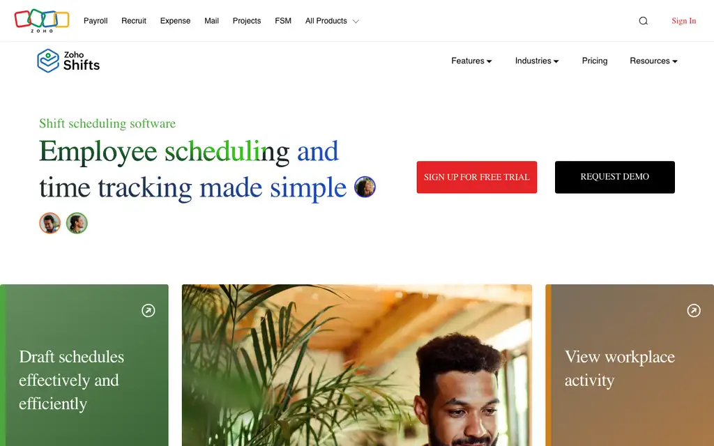Zoho Shifts website homepage screenshot