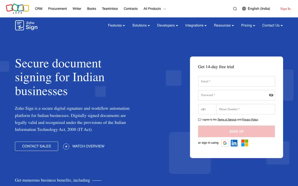 Zoho Sign website homepage screenshot