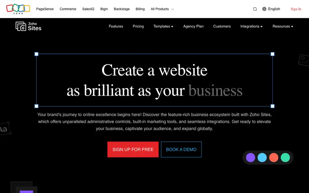 Zoho Sites website homepage screenshot