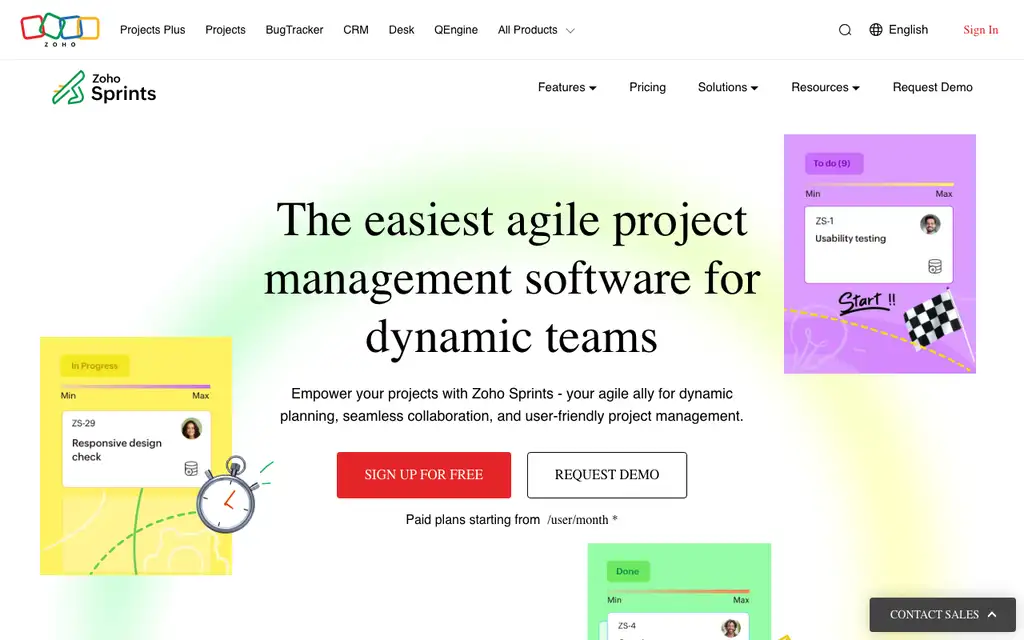 Zoho Sprints website homepage screenshot