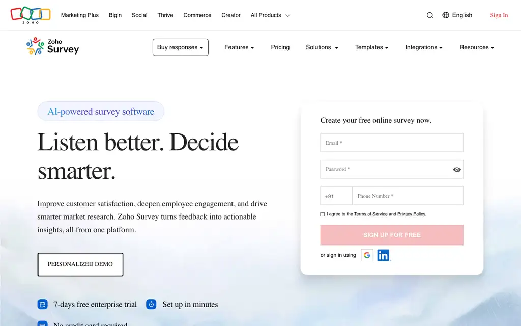 Zoho Survey website homepage screenshot