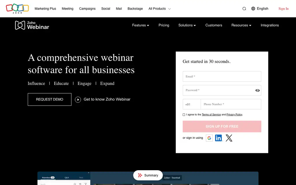 Zoho Webinar website homepage screenshot