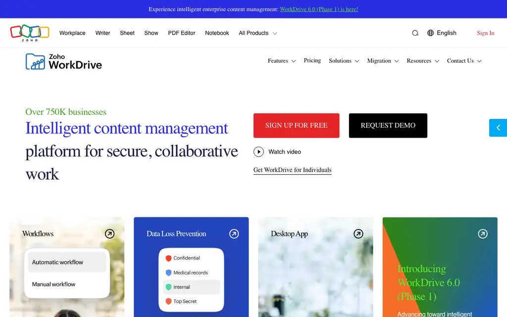 Zoho WorkDrive website homepage screenshot